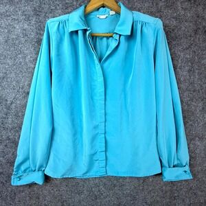 Vintage Schrader Separates Blouse Top Womens 10 Blue Career Pleated Button Front